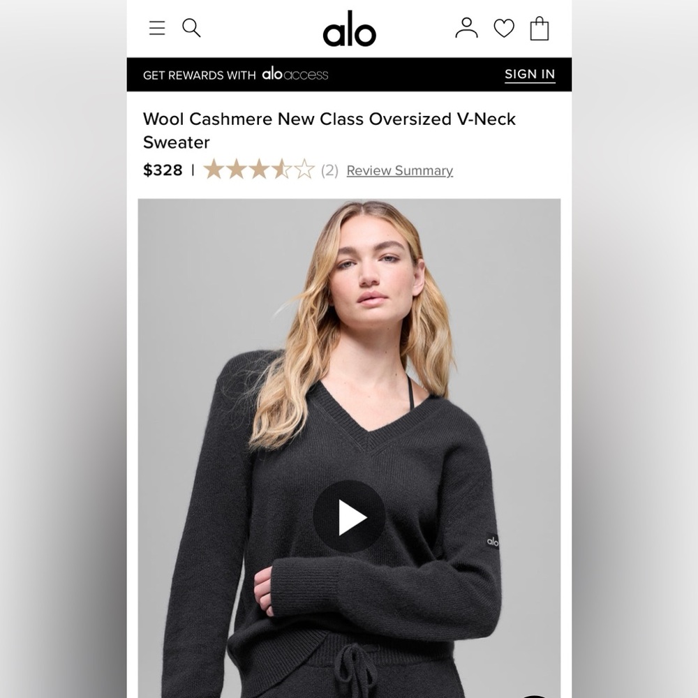 Alo Yoga Wool Cashmere New Class Oversized V-Neck Sweater Black SzSmall - Picture 7 of 8